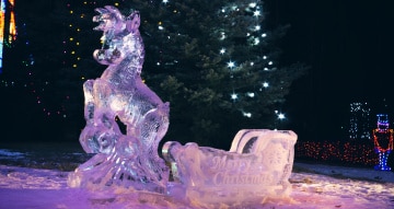 A reindeer ice sculpture illuminated by Christmas lights
