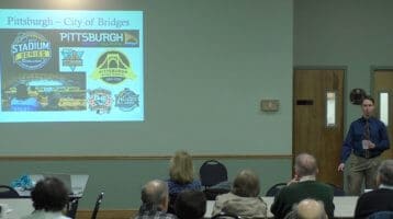 Author Todd Wilson discusses the history of Pittsburgh's bridges at a Bridgeville Area Historical Society event on Feb. 26, 2017