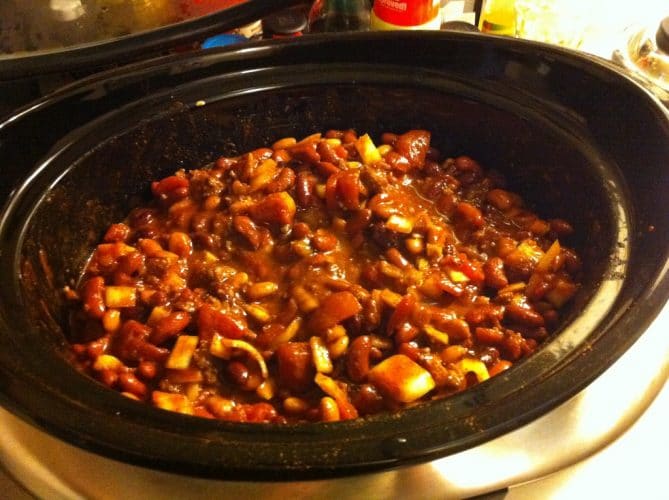 Close up photo of a pot of chili cooking