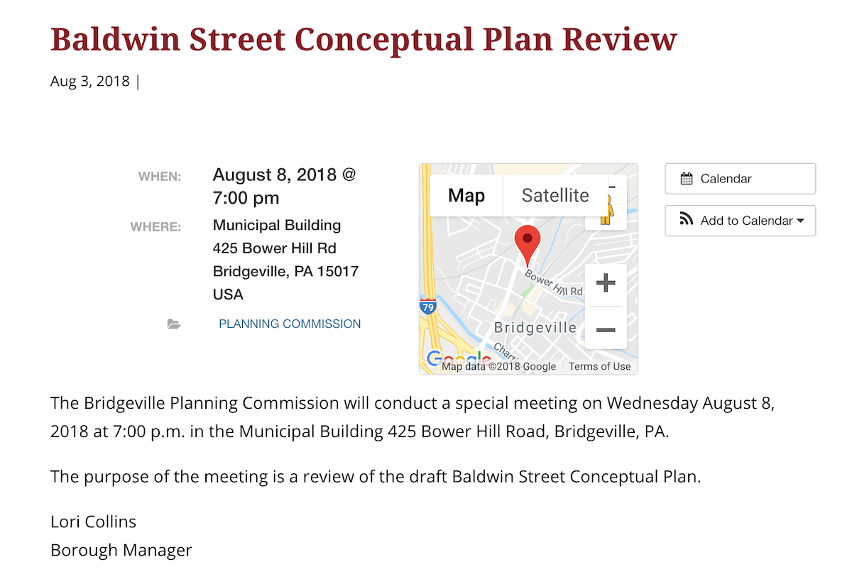 A notice for the Aug. 3 Bridgeville planning commission meeting