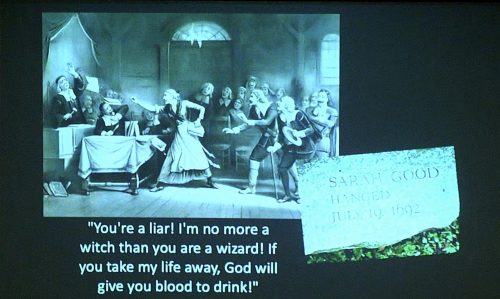 An illustration depicting the trial of Sarah Good, who was convicted of witchcraft and sentenced to death in 1692.