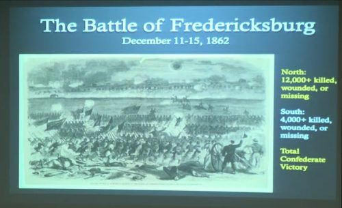A slide projection shows an illustration of the battle of Fredericksburg during the Bridgeville Area Historical Society's April presentation.