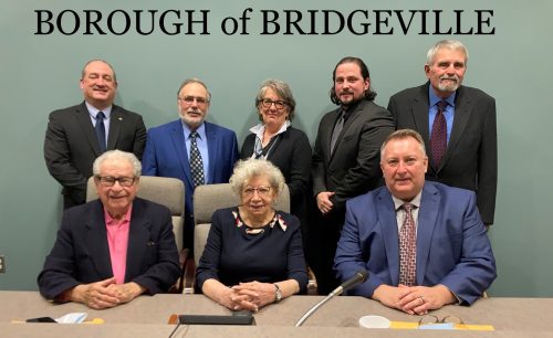 BRIDGEVILLE BOROUGH COUNCIL AND MAYOR: (l-r top row) Joseph Verduci, Bruce Ghelarducci, Justine Cimarolli, Nick Ciesielski, Joseph Colosimo (l-r seated) Nino Petrocelli, Mayor Betty Copeland, William Henderson.