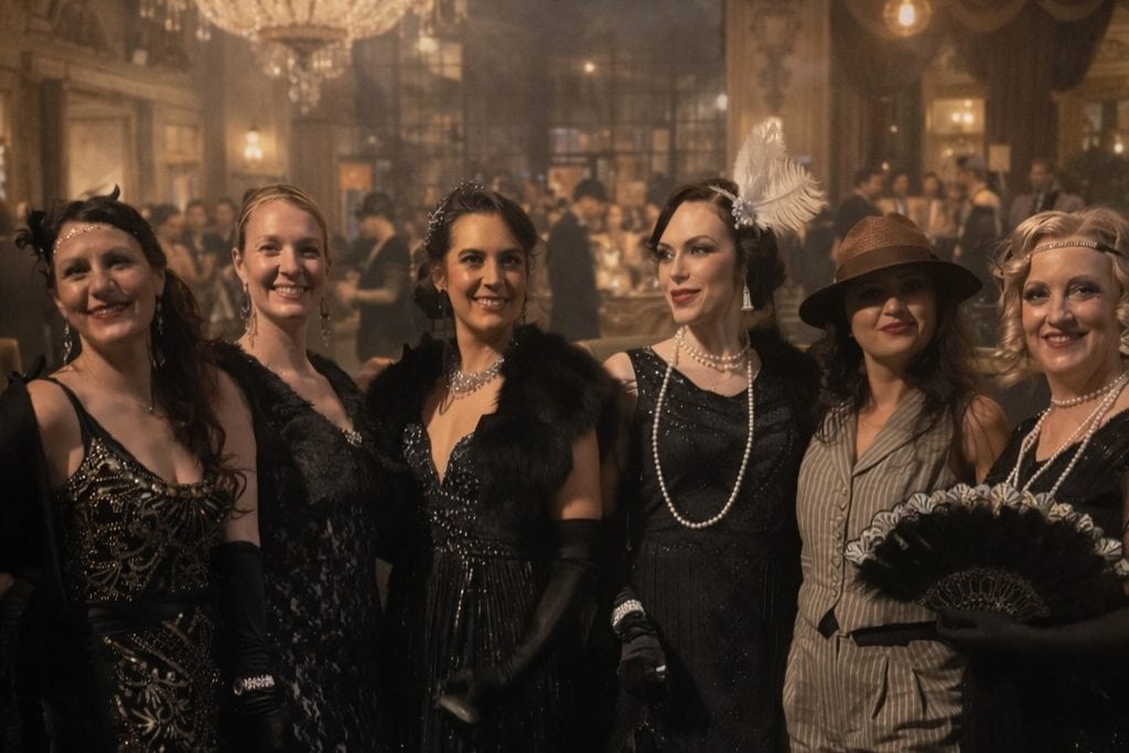 Six women in 1920s evening dress in a chandelier-lit ballroom